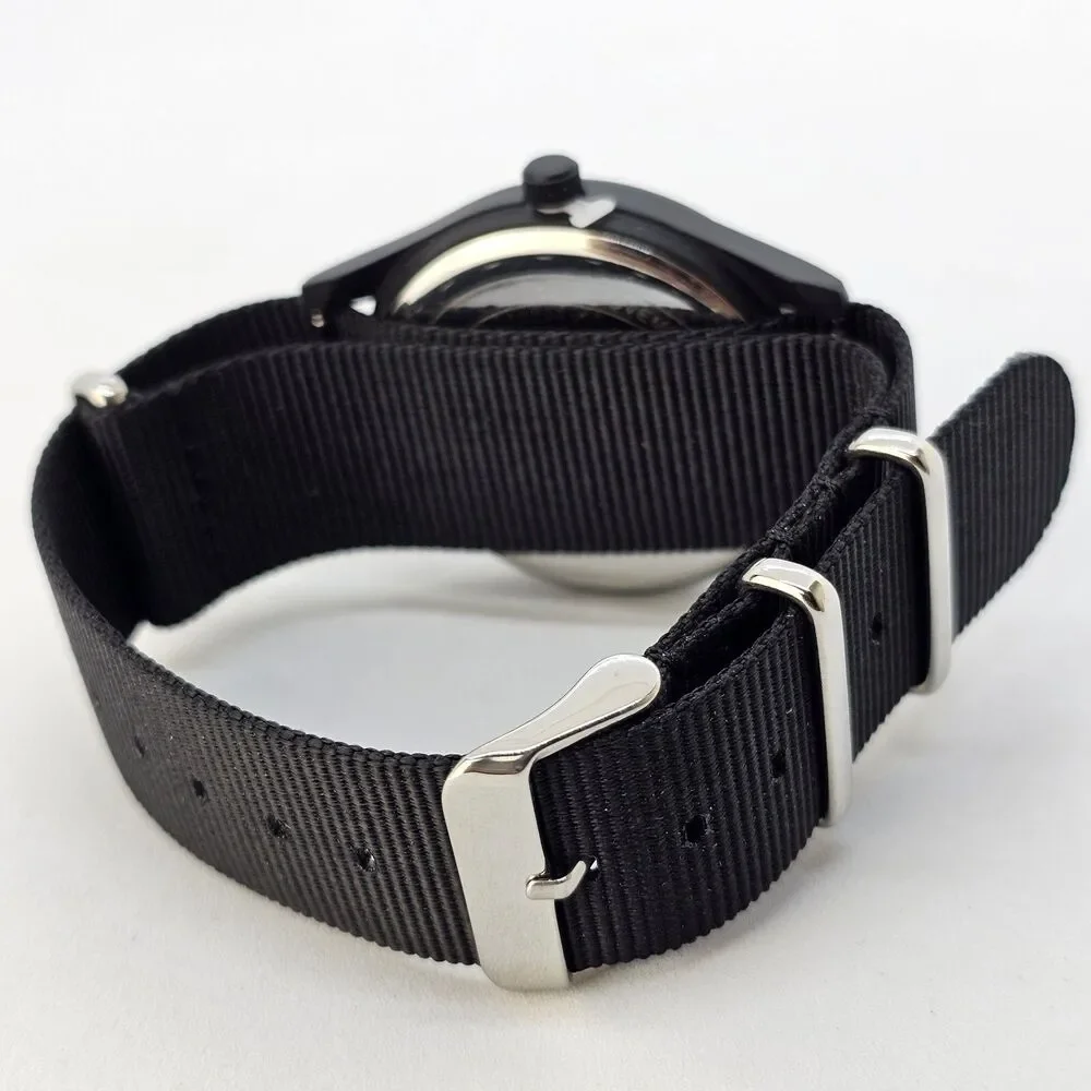 Men's Field Watch 42MM Black Case‎ Black Dial Black Canvas Band Strap NewBattery